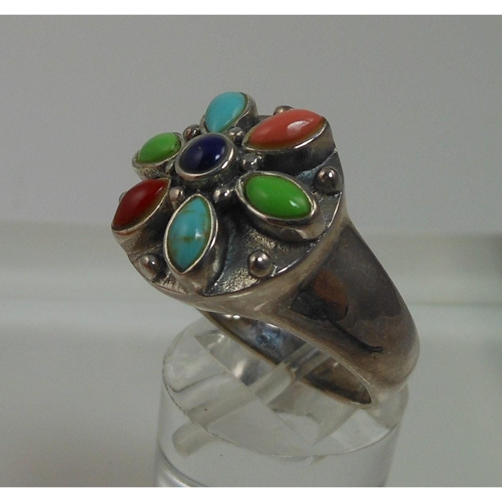 Vintage Designer Sterling Silver Turquoise Coral Garnet Ring - Size 7.75 - Picture 10 of 10